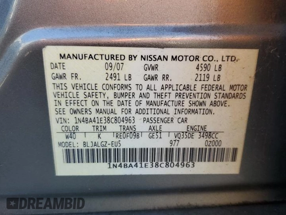 2008 Nissan Maxima 3.5 SE with VIN 1N4BA41E38C804963, listed as a Copart auction lot 49315125 with 209,447 mi miles and Salvage Title. Bid and sale history available at carsss.com. Image 12.
