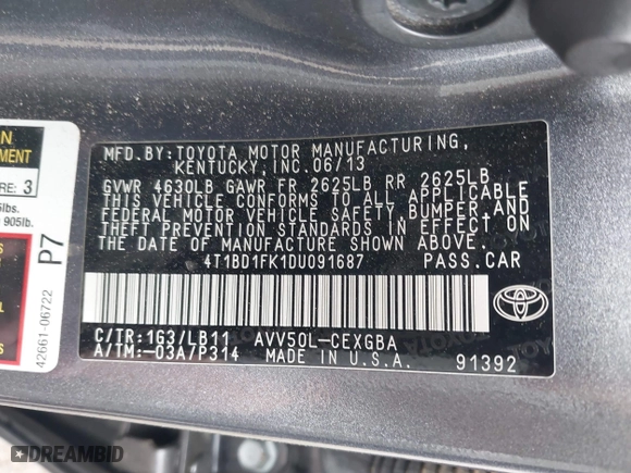 2013 Toyota Camry Hybrid LE with VIN 4T1BD1FK1DU091687, listed as a IAAI auction lot 42046450 with 211,895 mi miles. Bid and sale history available at carsss.com. Image 9.
