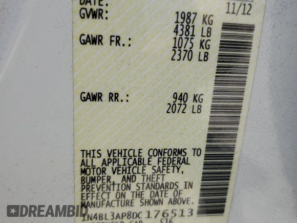 2013 Nissan Altima SV with VIN 1N4BL3AP8DC176513, listed as a Copart auction lot 54453975 with 136,289 mi miles and Salvage Title. Bid and sale history available at DreamBid. Image 13.