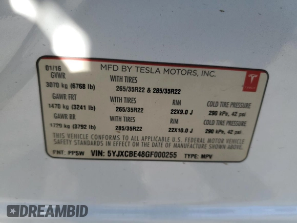 2016 Tesla Model X P90D with VIN 5YJXCBE48GF000255, listed as a Copart auction lot 49186565 with 0 mi miles and Salvage Title. Bid and sale history available at carsss.com. Image 13.