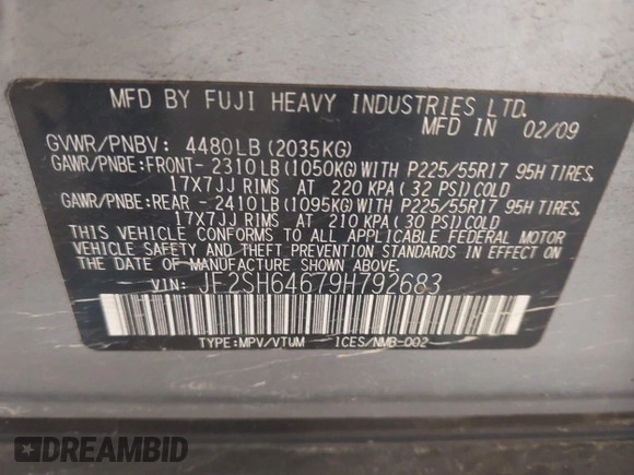 2009 Subaru Forester X Limited с VIN JF2SH64679H792683, выставлен на аукционе IAAI как лот 42528773 с пробегом 136 671 миль миль и . История ставок и продаж доступна на DreamBid. Изображение 9.