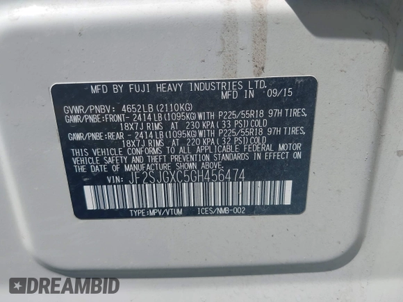2016 Subaru Forester XT Touring with VIN JF2SJGXC5GH456474, listed as a IAAI auction lot 42320208 with 114,524 mi miles and . Bid and sale history available at DreamBid. Image 9.