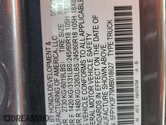 2021 Honda Ridgeline RTL-E z VIN 5FPYK3F79MB018627, wystawiony jako Copart lot #55635025 z przebiegiem 24 797 mil mil oraz Szkoda całkowita • Salvage title. Historia ofert i sprzedaży dostępna na DreamBid. Obrazek 12.