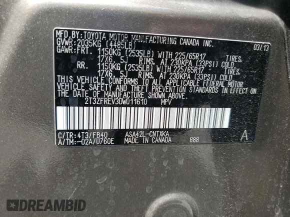 2013 Toyota RAV4 LE z VIN 2T3ZFREV3DW011610, wystawiony jako Copart lot #62351345 z przebiegiem 126 709 mil mil oraz Szkoda całkowita • Salvage title. Historia ofert i sprzedaży dostępna na DreamBid. Obrazek 12.