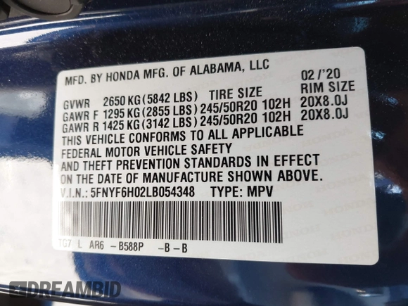 2020 Honda Pilot Elite with VIN 5FNYF6H02LB054348, listed as a IAAI auction lot 42302525 with 43,916 mi miles and . Bid and sale history available at DreamBid. Image 9.