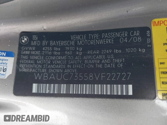 2008 BMW 1 Series 135i with VIN WBAUC73558VF22727, listed as a IAAI auction lot 41590354 with 81,362 mi miles. Bid and sale history available at carsss.com. Image 9.