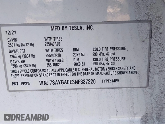 2022 Tesla Model Y Long Range with VIN 7SAYGAEE3NF337220, listed as a IAAI auction lot 41703912 with 46,319 mi miles and . Bid and sale history available at carsss.com. Image 9.