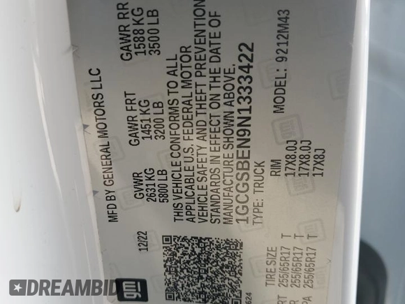 2022 Chevrolet Colorado 2WD Work Truck with VIN 1GCGSBEN9N1333422, listed as a Copart auction lot 42494425 with 77,822 mi miles and Salvage title. Bid and sale history available at DreamBid. Image 14.