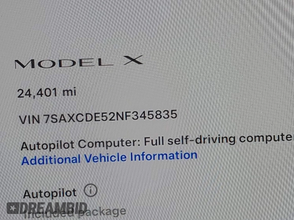 2022 Tesla Model X with VIN 7SAXCDE52NF345835, listed as a IAAI auction lot 41823522 with 24,401 mi miles and . Bid and sale history available at DreamBid. Image 14.