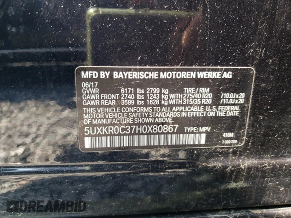 2017 BMW X5 xDrive35i with VIN 5UXKR0C37H0X80867, listed as a Copart auction lot 58697515 with 54,191 mi miles and Salvage title. Bid and sale history available at DreamBid. Image 13.