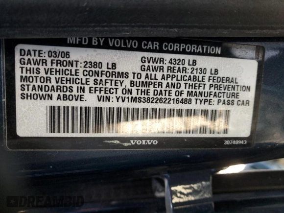 2006 Volvo S40 2.4L with VIN YV1MS382262216488, listed as a Copart auction lot 46152705 with 136,264 mi miles and Non Repairable. Bid and sale history available at carsss.com. Image 12.
