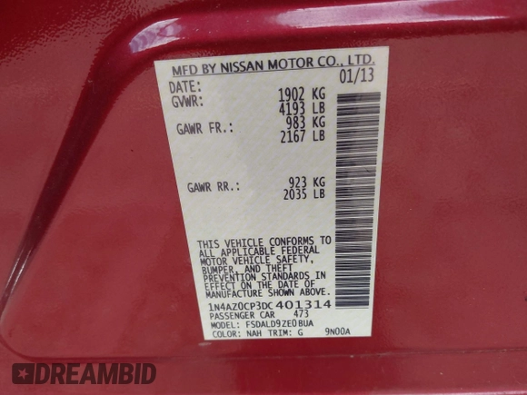 2013 Nissan LEAF SV with VIN 1N4AZ0CP3DC401314, listed as a IAAI auction lot 42201210 with 85,627 mi miles and . Bid and sale history available at DreamBid. Image 9.