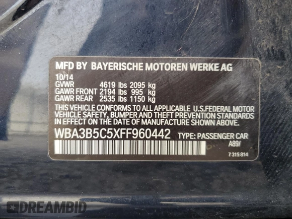 2015 BMW 3 Series 328i xDrive с VIN WBA3B5C5XFF960442, выставлен на аукционе Copart как лот 54366375 с пробегом 56 953 миль миль и Списание • Salvage title. История ставок и продаж доступна на DreamBid. Изображение 13.
