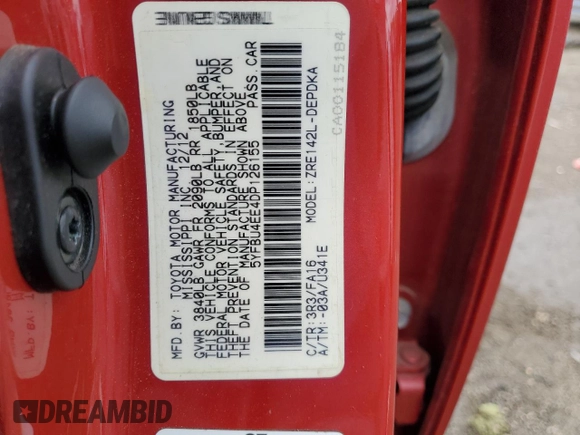 2013 Toyota Corolla L with VIN 5YFBU4EE4DP126155, listed as a Copart auction lot 55727105 with 94,236 mi miles and Salvage Title. Bid and sale history available at DreamBid. Image 12.