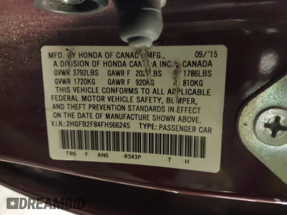 2015 Honda Civic EX with VIN 2HGFB2F84FH566245, listed as a IAAI auction lot 41603522 with 105,467 mi miles and . Bid and sale history available at carsss.com. Image 9.
