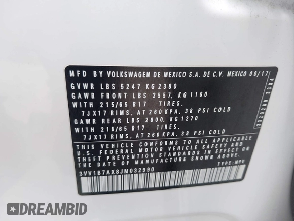 2018 Volkswagen Tiguan S with VIN 3VV1B7AX8JM032990, listed as a IAAI auction lot 42279807 with 74,185 mi miles and . Bid and sale history available at DreamBid. Image 9.