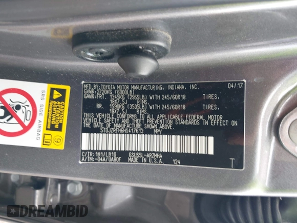 2017 Toyota Highlander XLE with VIN 5TDJZRFH6HS417613, listed as a IAAI auction lot 42440157 with 84,480 mi miles and . Bid and sale history available at DreamBid. Image 9.