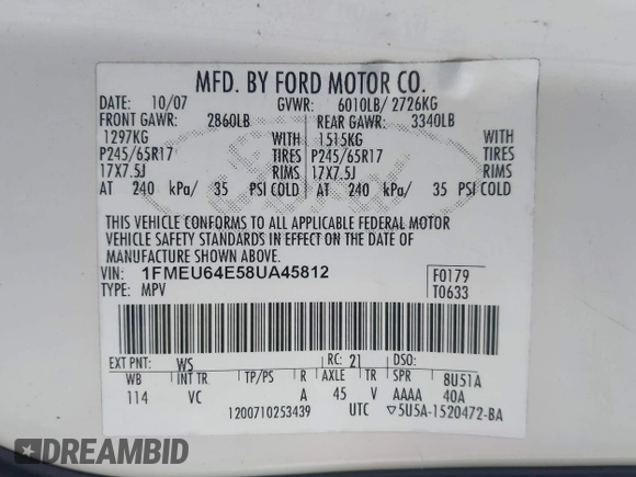 2008 Ford Explorer Eddie Bauer с VIN 1FMEU64E58UA45812, выставлен на аукционе IAAI как лот 40773470 с пробегом 183 135 миль миль и . История ставок и продаж доступна на DreamBid. Изображение 9.