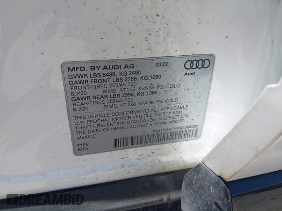 2022 Audi Q5 Sportback S line Premium Plus with VIN WA15AAFY4N2084268, listed as a IAAI auction lot 42463401 with Not provided miles and . Bid and sale history available at DreamBid. Image 9.