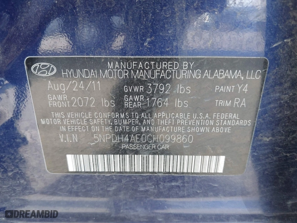 2012 Hyundai Elantra GLS with VIN 5NPDH4AE0CH099860, listed as a IAAI auction lot 42014550 with 142,224 mi miles. Bid and sale history available at carsss.com. Image 9.