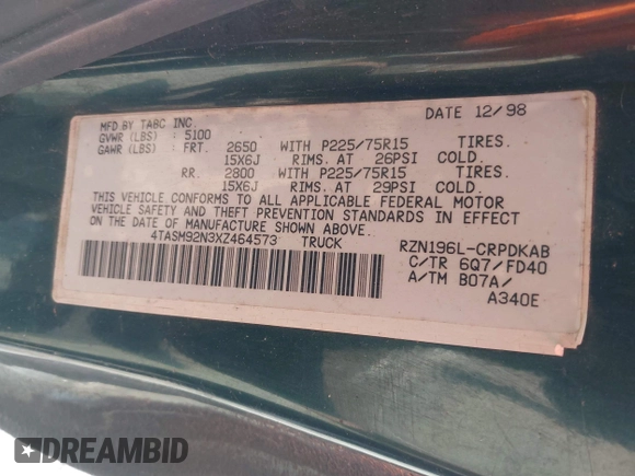 1999 Toyota Tacoma PreRunner with VIN 4TASM92N3XZ464573, listed as a IAAI auction lot 42405771 with 187,141 mi miles and . Bid and sale history available at DreamBid. Image 9.