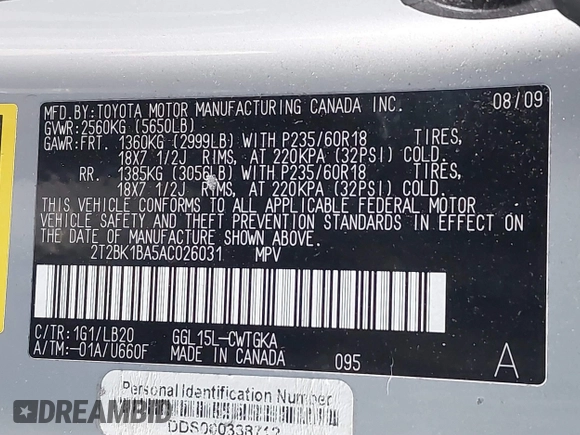 2010 Lexus RX 350 with VIN 2T2BK1BA5AC026031, listed as a IAAI auction lot 41223235 with 218,335 mi miles and . Bid and sale history available at carsss.com. Image 9.