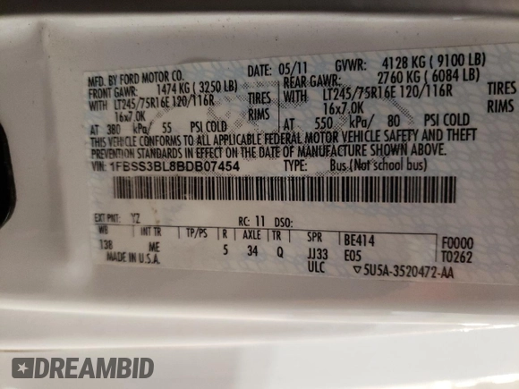 2011 Ford Econoline Passenger XL with VIN 1FBSS3BL8BDB07454, listed as a Copart auction lot 84713284 with 96,635 mi miles and Salvage title. Bid and sale history available at DreamBid. Image 15.