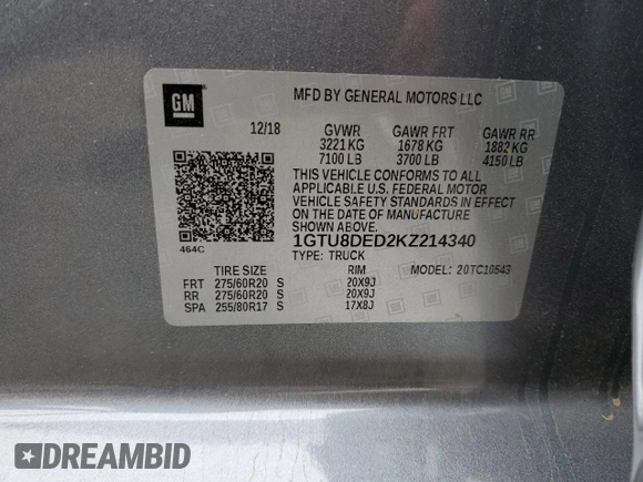 2019 GMC Sierra 1500 with VIN 1GTU8DED2KZ214340, listed as a Copart auction lot 42968745 with 44,313 mi miles and Salvage Title. Bid and sale history available at DreamBid. Image 12.
