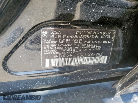 2006 BMW 3 Series 325i with VIN WBAVB13556KX42983, listed as a Copart auction lot 48335035 with Not Provided miles and Salvage Title. Bid and sale history available at carsss.com. Image 12.