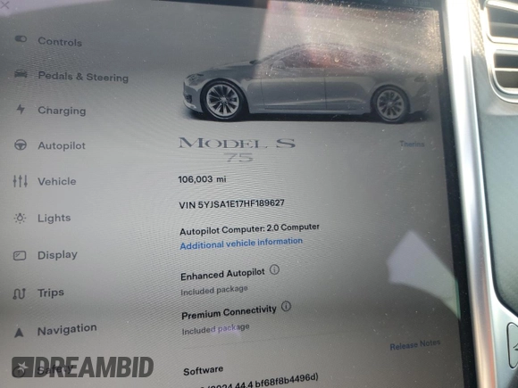 2017 Tesla Model S 60 with VIN 5YJSA1E17HF189627, listed as a Copart auction lot 64454635 with 106,003 mi miles and Salvage title. Bid and sale history available at DreamBid. Image 9.