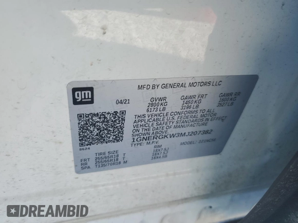 2021 Chevrolet Traverse LT Cloth with VIN 1GNERGKW3MJ207382, listed as a Copart auction lot 88462465 with 56,762 mi miles and Non Repairable. Bid and sale history available at carsss.com. Image 13.