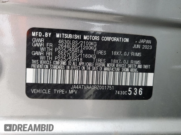 2024 Mitsubishi Eclipse Cross LE z VIN JA4ATVAA0RZ001751, wystawiony jako Copart lot #45748665 z przebiegiem 56 751 mil mil oraz Szkoda całkowita • Salvage title. Historia ofert i sprzedaży dostępna na DreamBid. Obrazek 13.