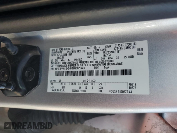 2016 Ford F-150 XLT with VIN 1FTEW1EG8GKE85549, listed as a Copart auction lot 58745225 with 170,586 mi miles and Clean title. Bid and sale history available at DreamBid. Image 12.
