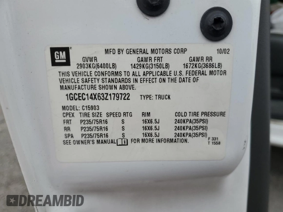 2003 Chevrolet Silverado 1500 with VIN 1GCEC14X63Z179722, listed as a Copart auction lot 49253475 with Not Provided miles and Salvage Title. Bid and sale history available at carsss.com. Image 12.