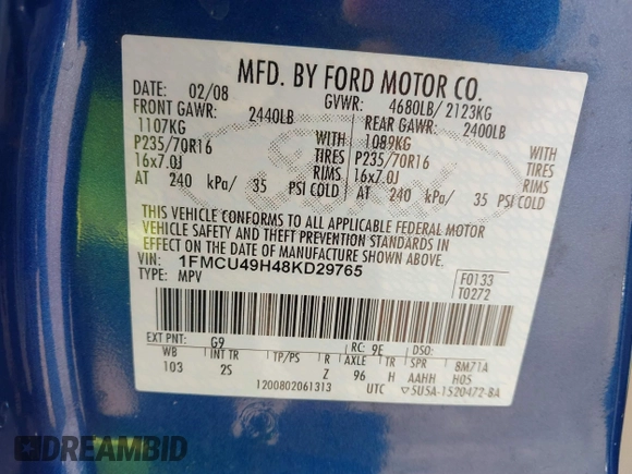 2008 Ford Escape Hybrid с VIN 1FMCU49H48KD29765, выставлен на аукционе IAAI как лот 41695033 с пробегом 151 417 миль миль и . История ставок и продаж доступна на DreamBid. Изображение 9.