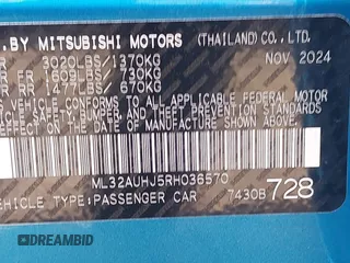 2024 Mitsubishi Mirage ES z VIN ML32AUHJ5RH036570, wystawiony jako IAAI lot #42329506 z przebiegiem 4770 mil mil oraz . Historia ofert i sprzedaży dostępna na DreamBid. Obrazek 9.