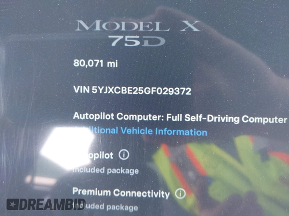 2016 Tesla Model X 70D z VIN 5YJXCBE25GF029372, wystawiony jako IAAI lot #42325335 z przebiegiem 80 071 mil mil oraz . Historia ofert i sprzedaży dostępna na DreamBid. Obrazek 15.
