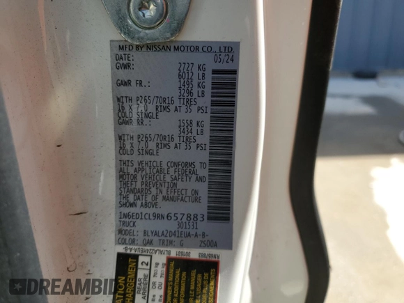 2024 Nissan Frontier S with VIN 1N6ED1CL9RN657883, listed as a Copart auction lot 52134545 with 7,602 mi miles and Clean title. Bid and sale history available at DreamBid. Image 13.