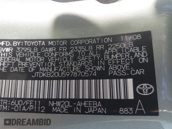2009 Toyota Prius with VIN JTDKB20U597870574, listed as a IAAI auction lot 42141535 with 69,133 mi miles. Bid and sale history available at carsss.com. Image 9.