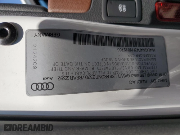 2017 Audi A4 Premium with VIN WAUGNAF43HN019766, listed as a Copart auction lot 52924375 with 127,827 mi miles and Salvage Title. Bid and sale history available at carsss.com. Image 12.