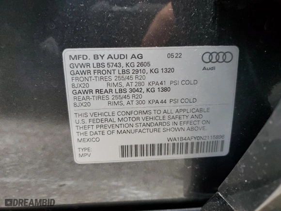 2022 Audi SQ5 Premium Plus with VIN WA1B4AFY0N2115896, listed as a Copart auction lot 66649802 with 1,168 mi miles. Bid and sale history available at carsss.com. Image 10.