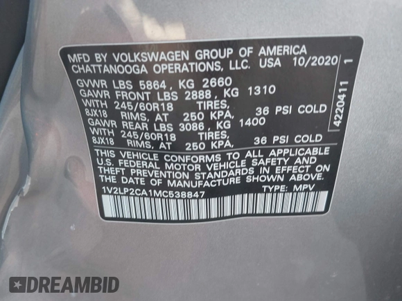 2021 Volkswagen Atlas SE z VIN 1V2LP2CA1MC538847, wystawiony jako IAAI lot #42134093 z przebiegiem 66 678 mil mil oraz . Historia ofert i sprzedaży dostępna na DreamBid. Obrazek 9.