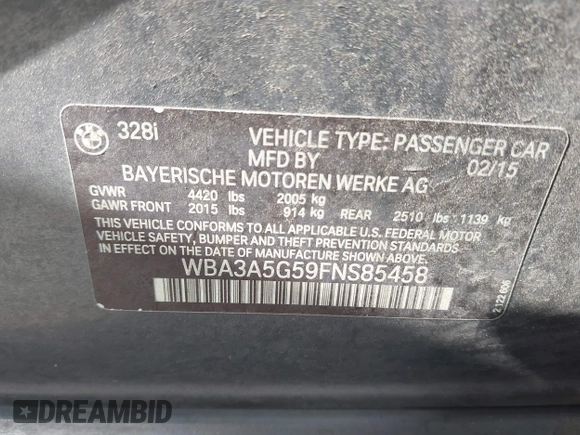 2015 BMW 3 Series 328i with VIN WBA3A5G59FNS85458, listed as a IAAI auction lot 42438242 with 133,483 mi miles and . Bid and sale history available at DreamBid. Image 9.