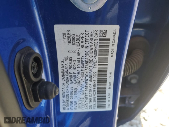 2021 Honda Civic Sport with VIN 2HGFC2F89MH510022, listed as a Copart auction lot 46923315 with 66,655 mi miles and Salvage Title. Bid and sale history available at DreamBid. Image 14.