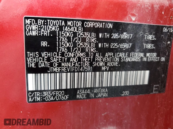 2015 Toyota RAV4 LE z VIN JTMBFREV1FD147591, wystawiony jako Copart lot #64613005 z przebiegiem 119 718 mil mil oraz Szkoda całkowita • Salvage title. Historia ofert i sprzedaży dostępna na DreamBid. Obrazek 14.