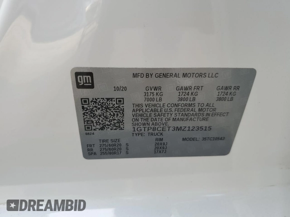 2021 GMC Sierra 1500 with VIN 1GTP8CET3MZ123515, listed as a Copart auction lot 87723335 with 56,439 mi miles and Clean Title. Bid and sale history available at DreamBid. Image 12.