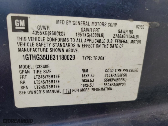 2003 GMC Savana Cargo Van with VIN 1GTHG35U831180029, listed as a Copart auction lot 64697054 with 0 mi miles and Non Repairable. Bid and sale history available at carsss.com. Image 14.