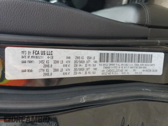 2018 Dodge Durango GT with VIN 1C4RDHDG1JC371492, listed as a Copart auction lot 55058505 with 117,984 mi miles and Salvage title. Bid and sale history available at DreamBid. Image 13.