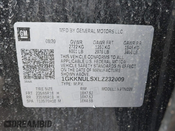 2020 GMC Acadia SLT with VIN 1GKKNULSXLZ232009, listed as a IAAI auction lot 41836890 with Not Provided miles and . Bid and sale history available at DreamBid. Image 9.