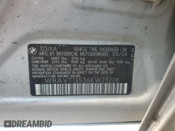 2006 BMW 3 Series 325xi with VIN WBAVT13536KW23228, listed as a Copart auction lot 58734625 with 163,661 mi miles and Salvage title. Bid and sale history available at DreamBid. Image 12.